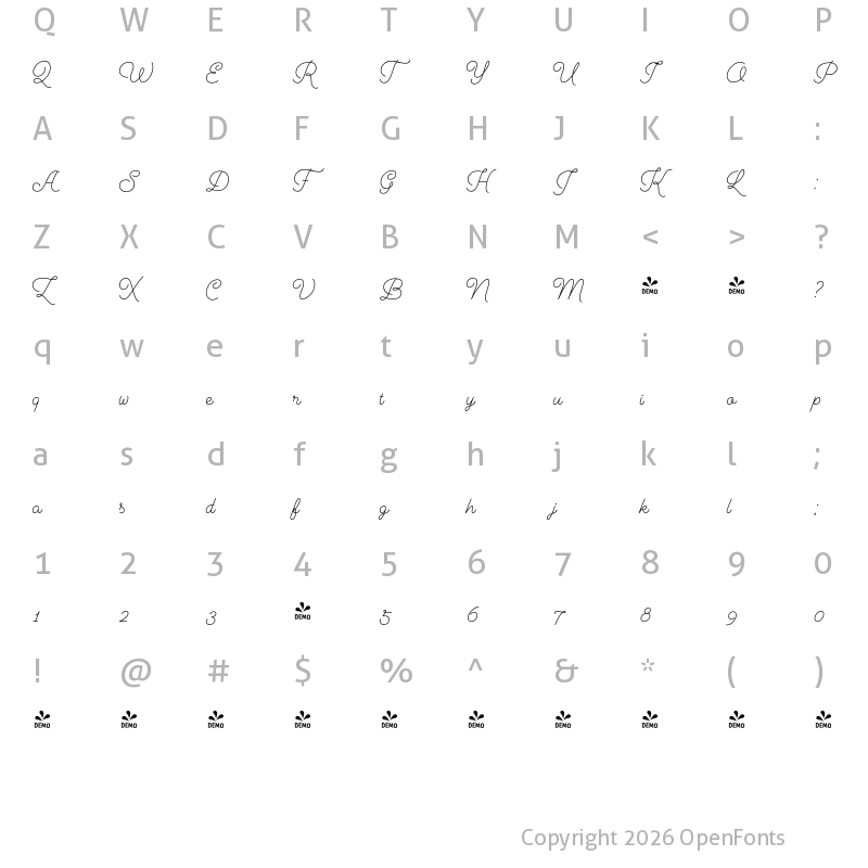 Character Map of FONTSPRING DEMO - Cosmopolitan Script Regular