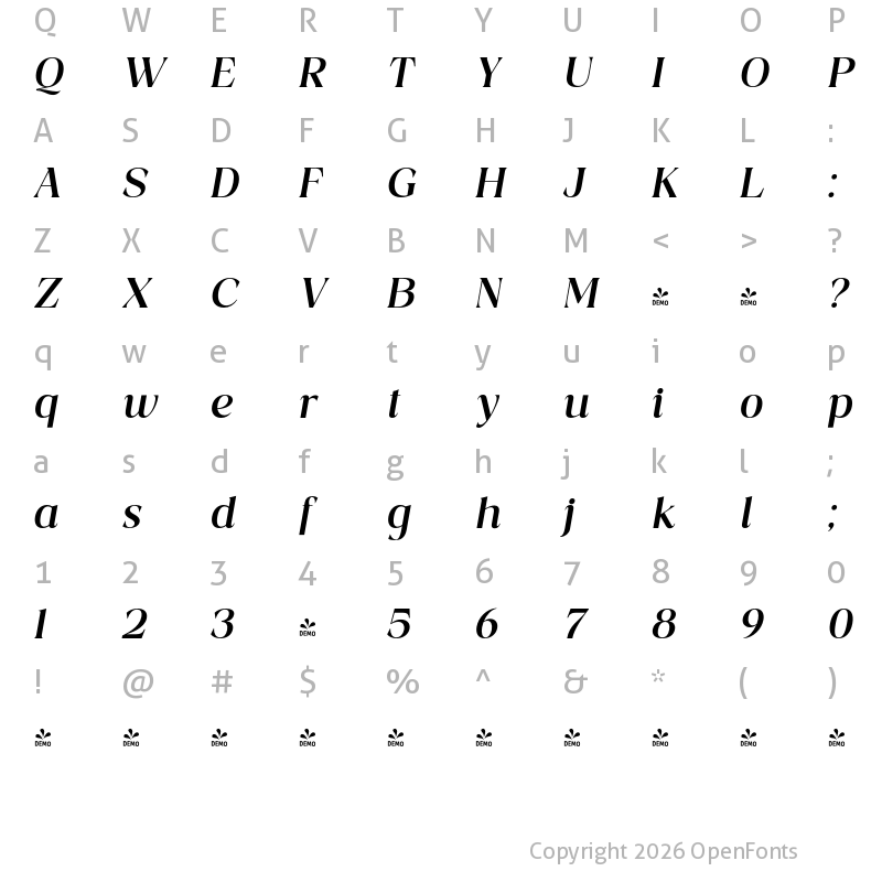 Character Map of FONTSPRING DEMO - Costaline Bold Ita Bold Italic