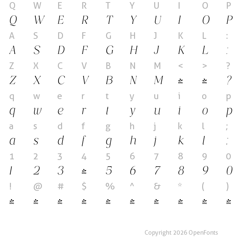 Character Map of FONTSPRING DEMO - Costaline ExtLt Ita Italic