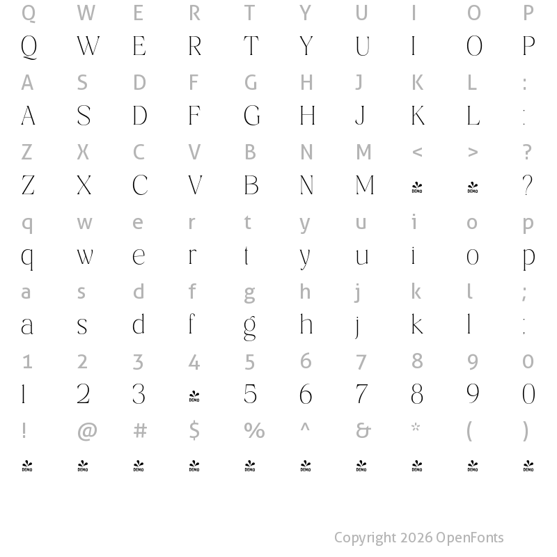 Character Map of FONTSPRING DEMO - Costaline Thin Regular