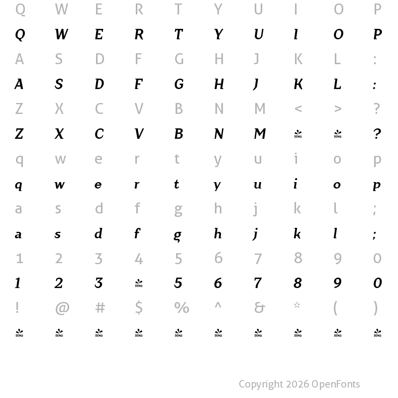 Character Map of FONTSPRING DEMO - Crimsons Bold Italic