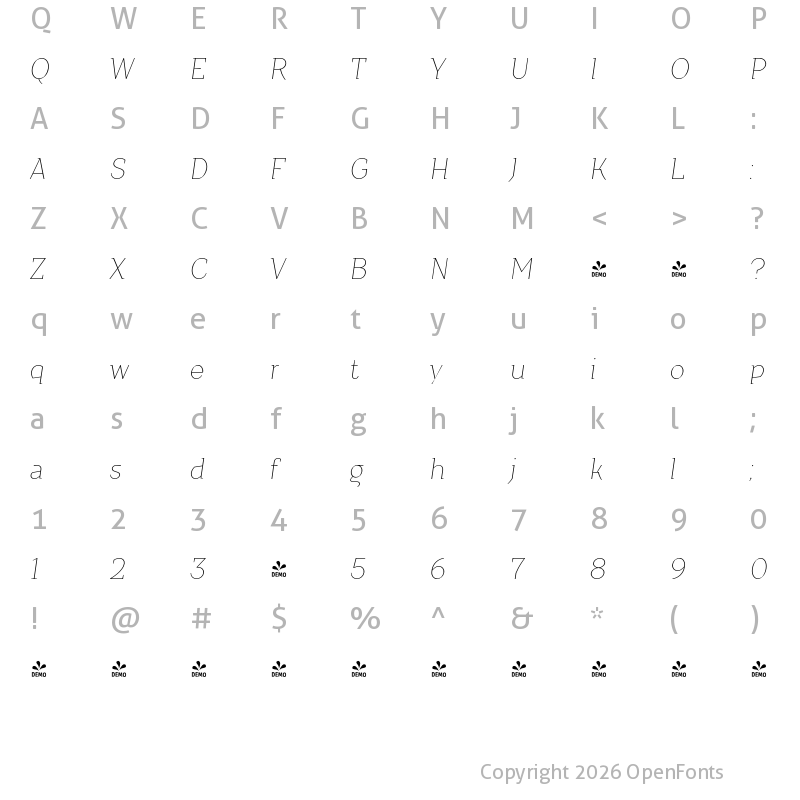 Character Map of FONTSPRING DEMO - Crimsons Thin Italic