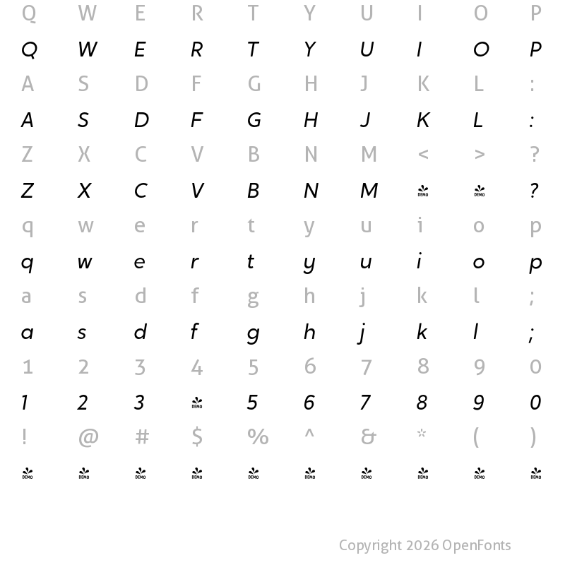 Character Map of FONTSPRING DEMO - Crossten Book Italic Regular