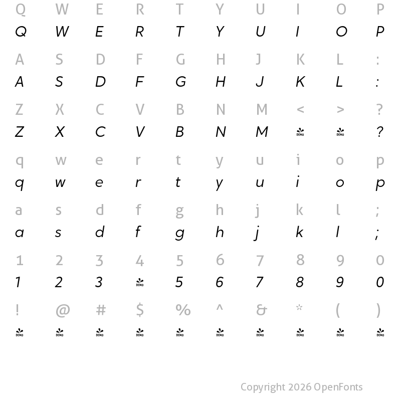 Character Map of FONTSPRING DEMO - Crossten Soft Light italic Regular