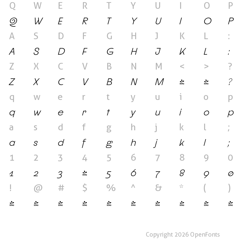 Character Map of FONTSPRING DEMO - CUKIER Italic