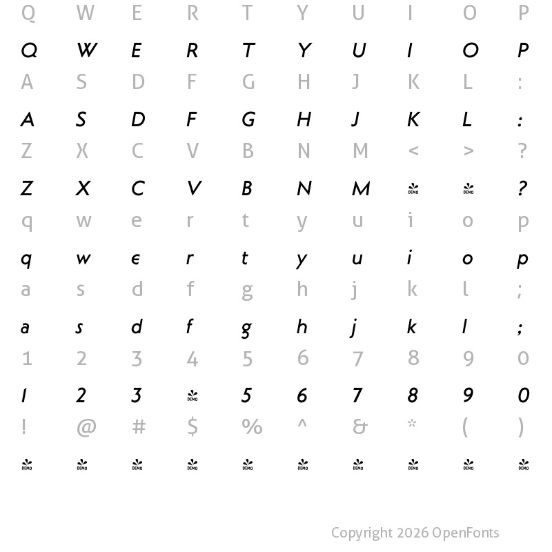 Character Map of FONTSPRING DEMO - Curwen Sans Medium Italic