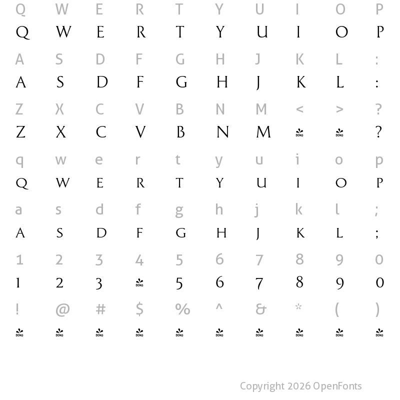 Character Map of FONTSPRING DEMO - Cyan Capitals Regular