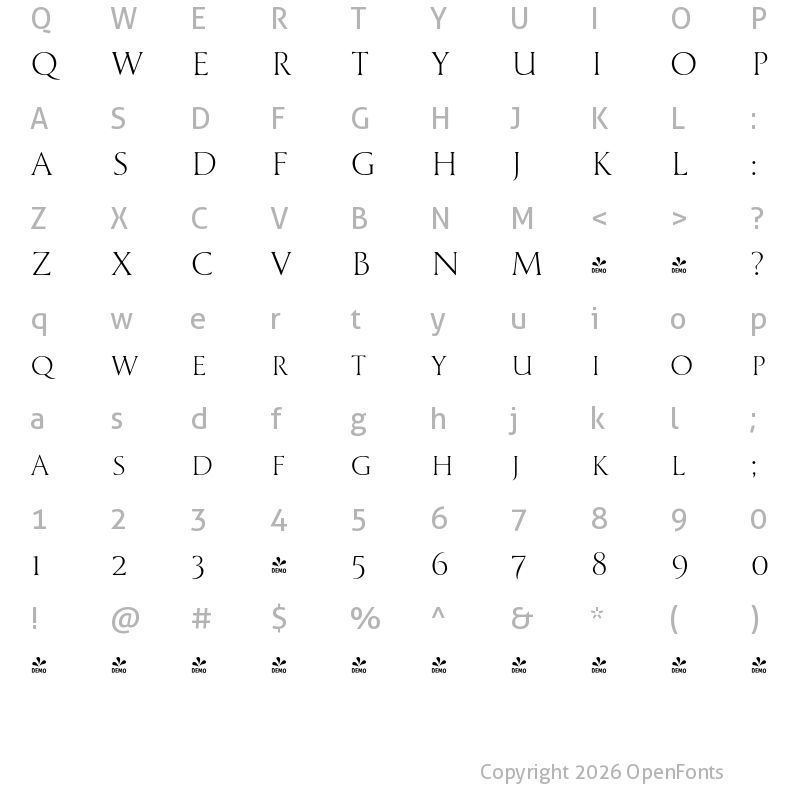 Character Map of FONTSPRING DEMO - Cyan LightCapitals Regular