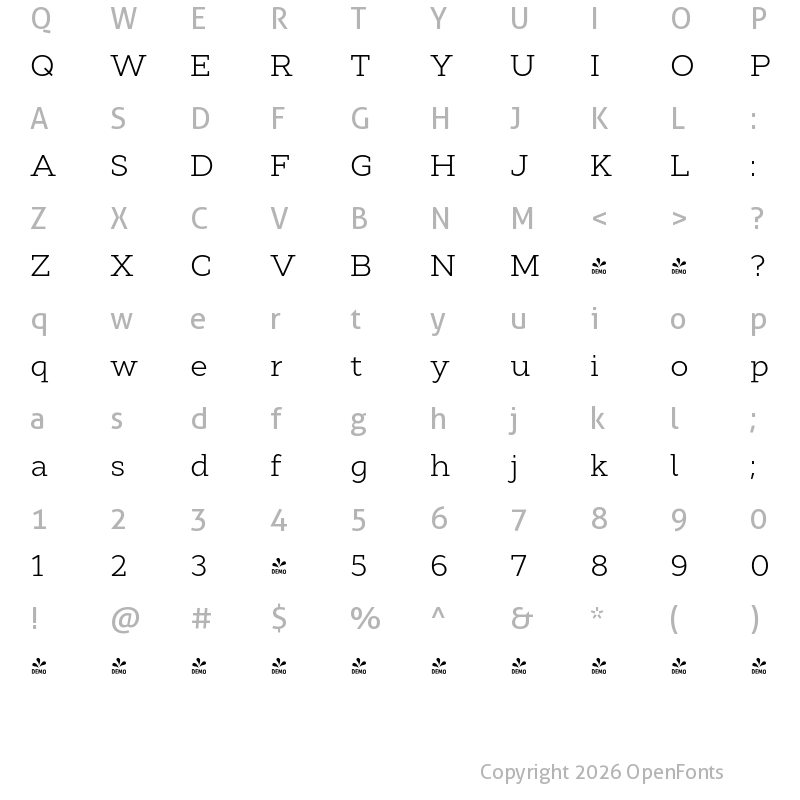 Character Map of FONTSPRING DEMO - Cyntho Next Slab Light Regular