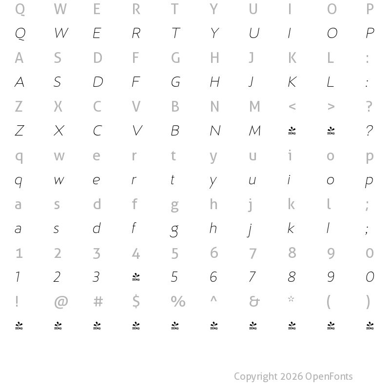 Character Map of FONTSPRING DEMO - D Hanna Soft Extra Light Italic Regular