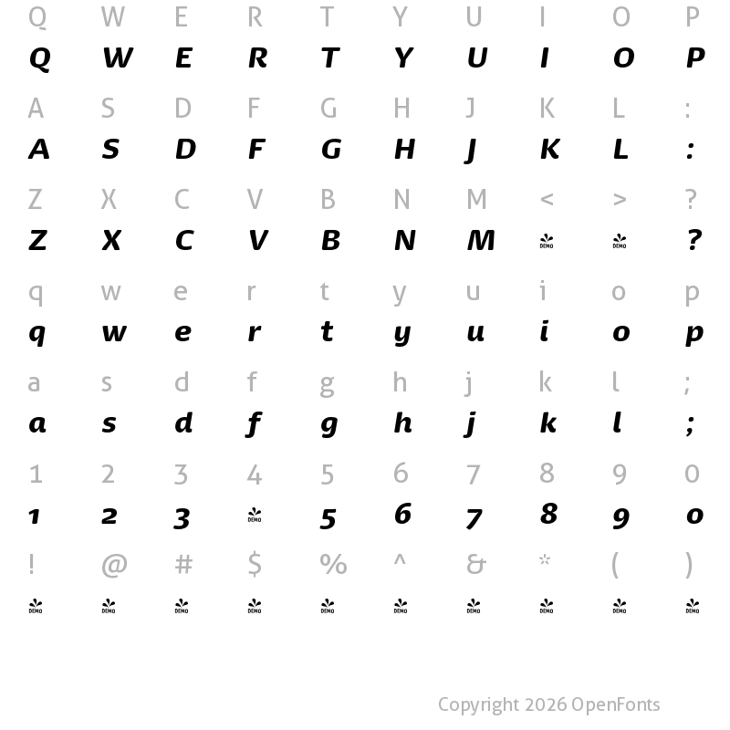 Character Map of FONTSPRING DEMO - Dancer Pro Black Italic