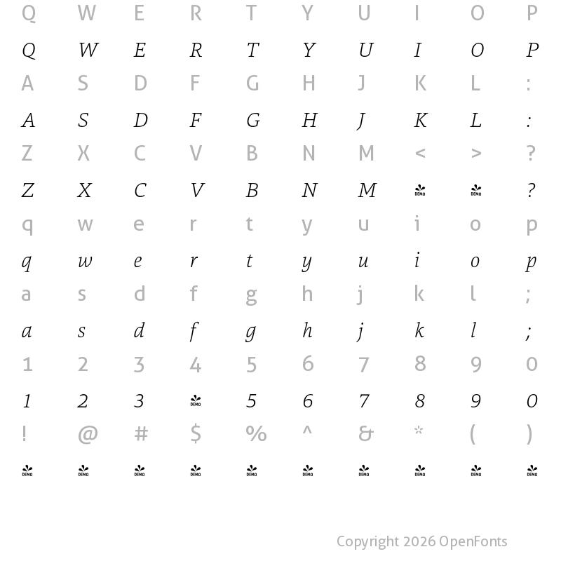 Character Map of FONTSPRING DEMO - Danton ExtraLight Italic