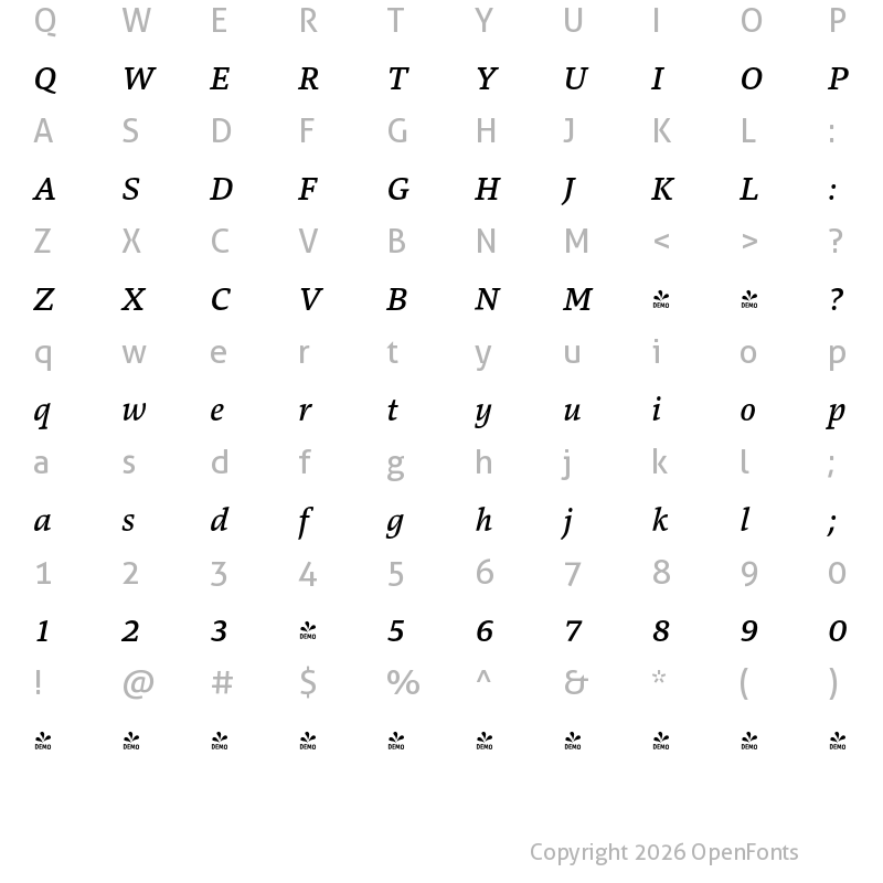 Character Map of FONTSPRING DEMO - Danton Medium Italic