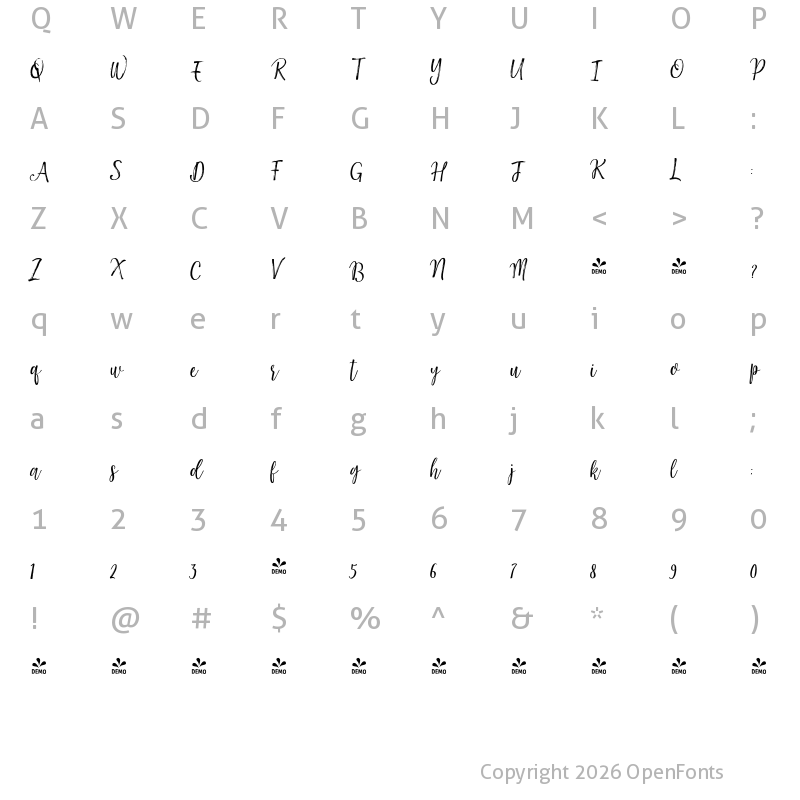 Character Map of FONTSPRING DEMO - Darling Harbour Slant Regular