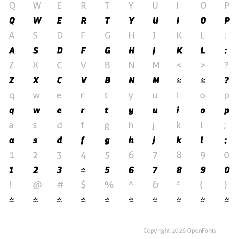Character Map of FONTSPRING DEMO - Darwin Pro Black It Regular