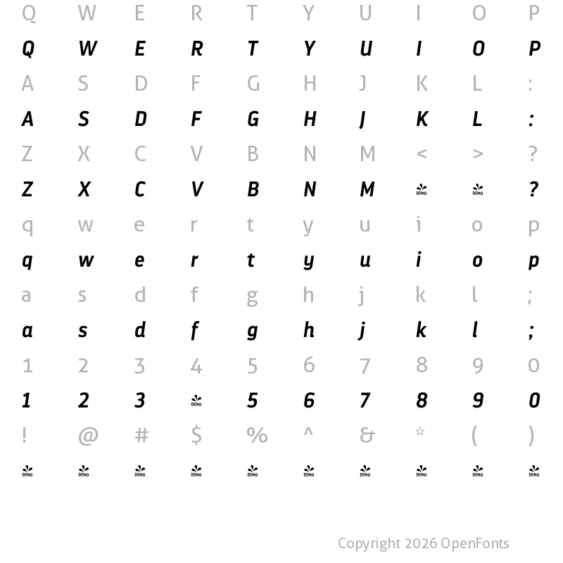 Character Map of FONTSPRING DEMO - Darwin Pro SemiBold It Regular