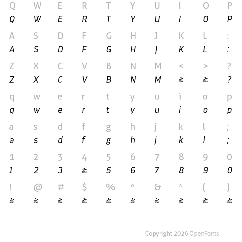 Character Map of FONTSPRING DEMO - DarwinOffice Italic