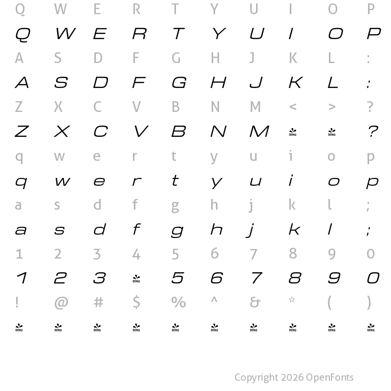 Character Map of FONTSPRING DEMO - DDT Book Ext Italic