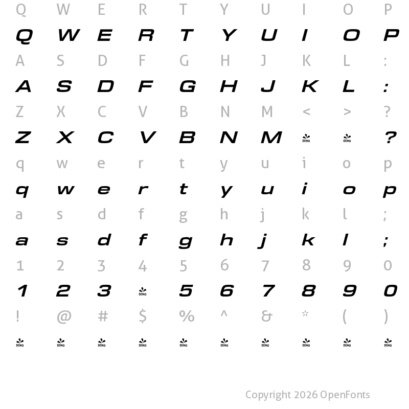 Character Map of FONTSPRING DEMO - DDT Ext Bold Italic