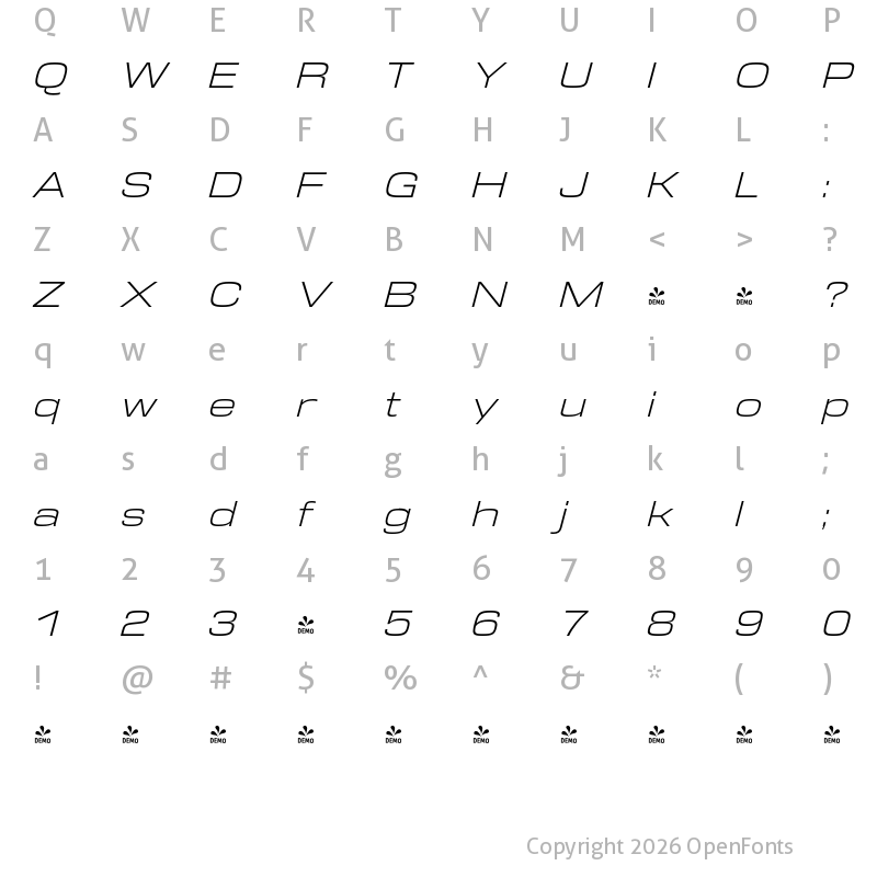 Character Map of FONTSPRING DEMO - DDT Light Ext Italic