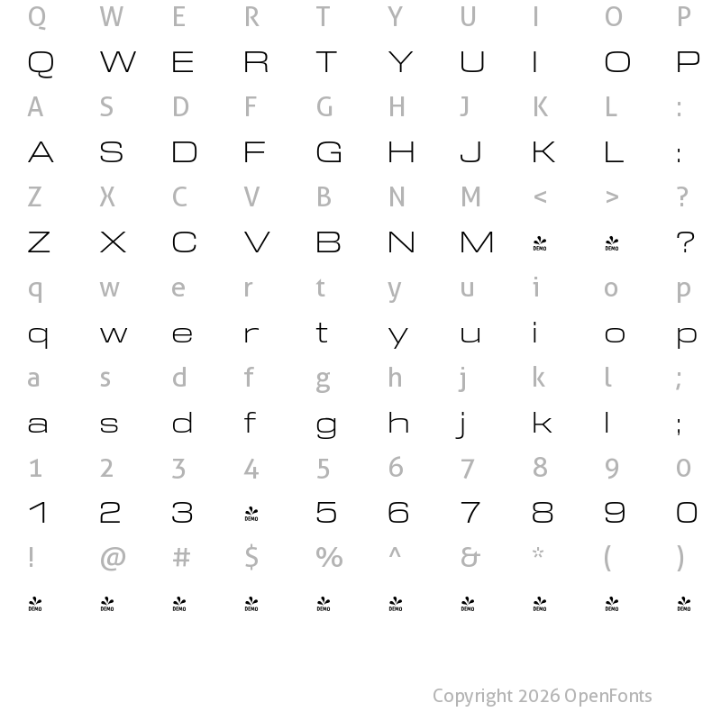 Character Map of FONTSPRING DEMO - DDT Light Ext Regular