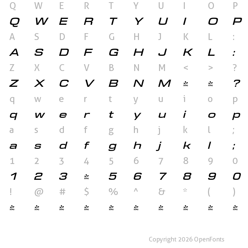 Character Map of FONTSPRING DEMO - DDT SemBd Ext Italic