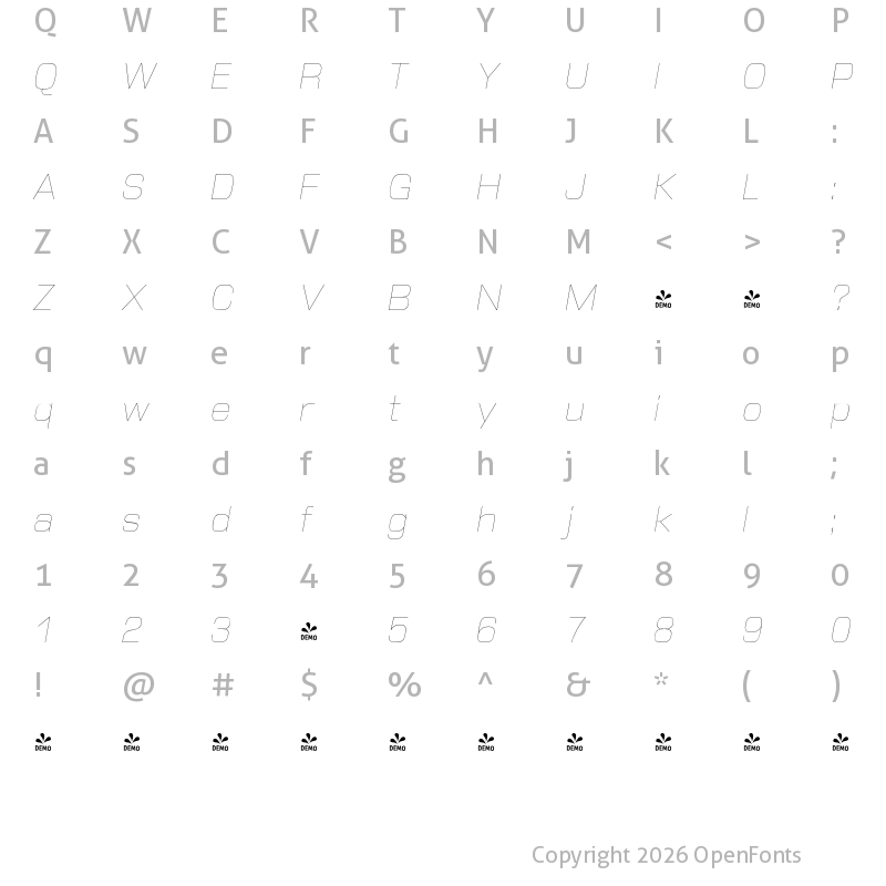 Character Map of FONTSPRING DEMO - DDT UltLt Italic