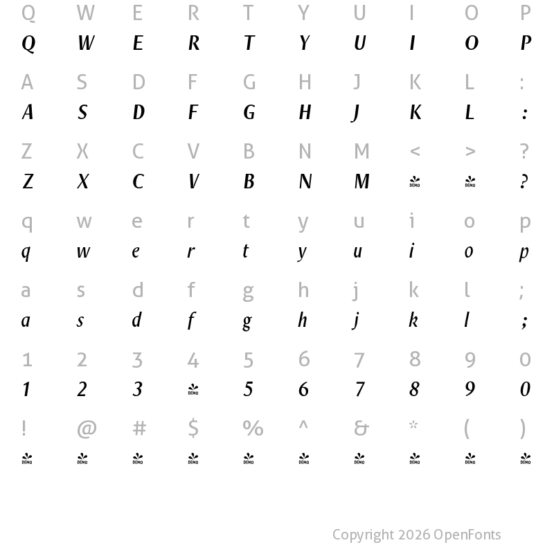 Character Map of FONTSPRING DEMO - Decennie Express JY Pro Bold Italic