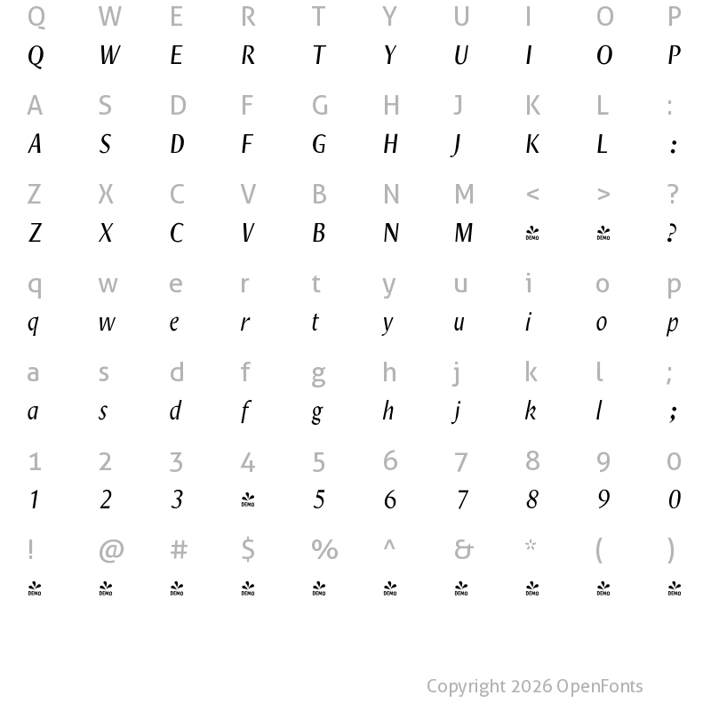 Character Map of FONTSPRING DEMO - Decennie Express JY Pro Italic