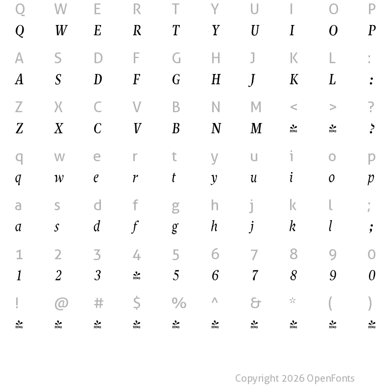Character Map of FONTSPRING DEMO - Decennie JY Pro Italic