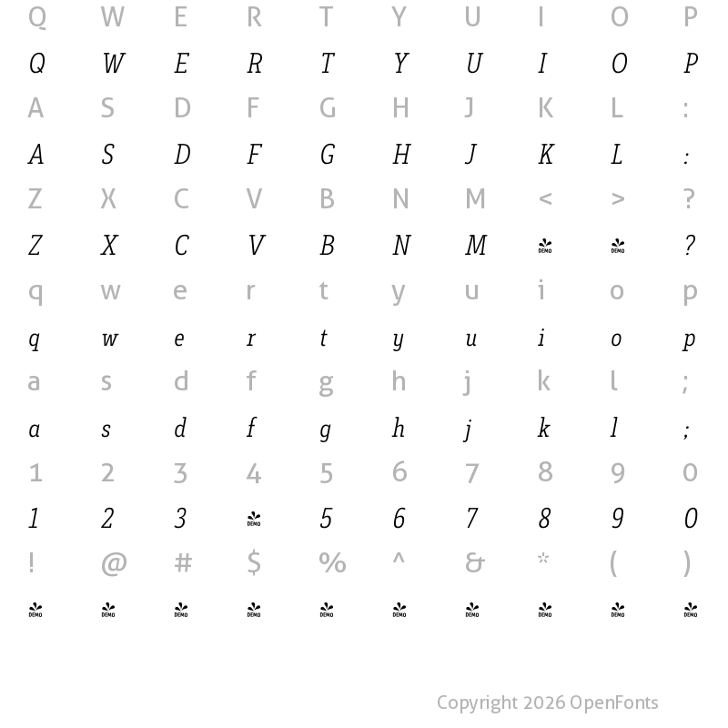 Character Map of FONTSPRING DEMO - Decour Cnd Light Italic