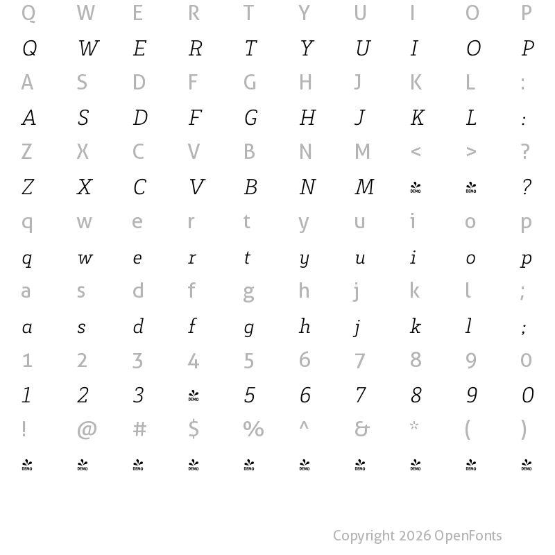 Character Map of FONTSPRING DEMO - Decour Light Italic