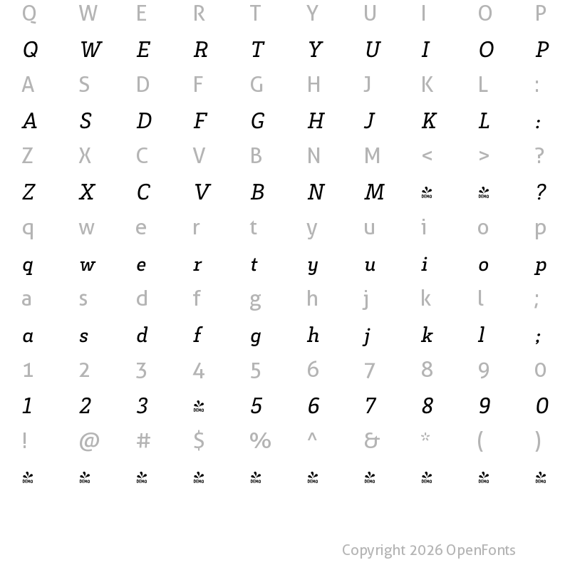 Character Map of FONTSPRING DEMO - Decour Semibold Italic