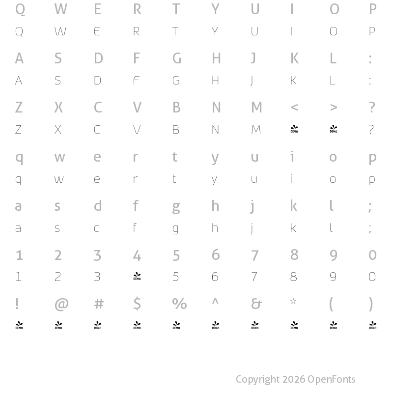Character Map of FONTSPRING DEMO - Deka Thin Regular