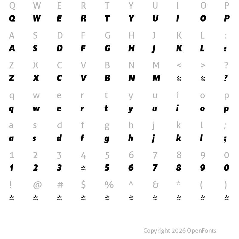 Character Map of FONTSPRING DEMO - DelargoDTCond Black Italic