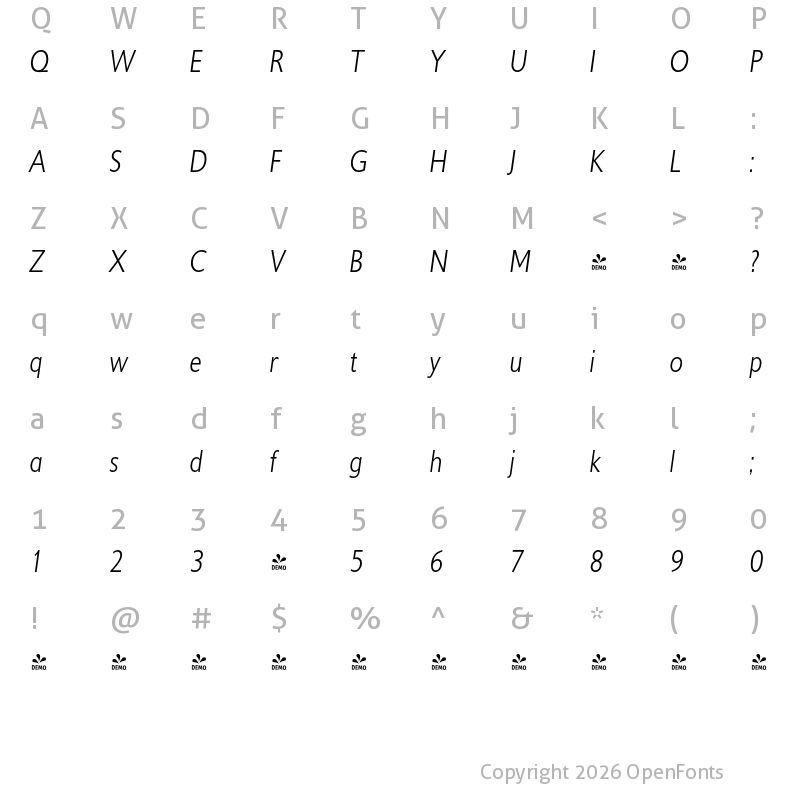 Character Map of FONTSPRING DEMO - DelargoDTCond Light Italic