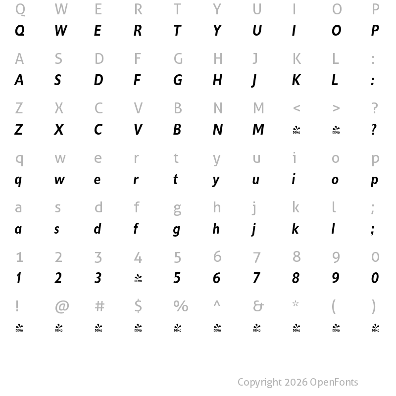 Character Map of FONTSPRING DEMO - DelargoDTCond SemiBold Italic