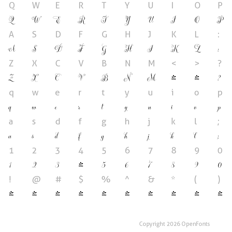 Character Map of FONTSPRING DEMO - Delicatta Regular