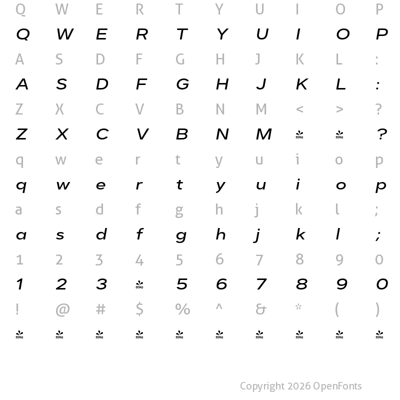 Character Map of FONTSPRING DEMO - Dexa Pro Ex Med Italic