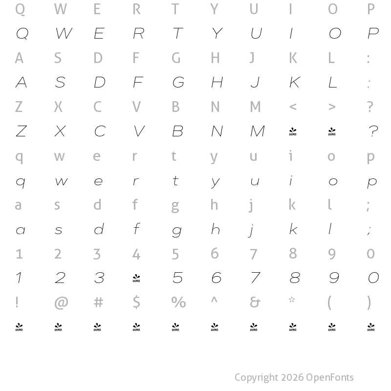 Character Map of FONTSPRING DEMO - Dexa Pro Ex Thin Italic