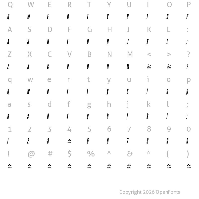 Character Map of FONTSPRING DEMO - Dharma Gothic Rnd C ExBold Italic