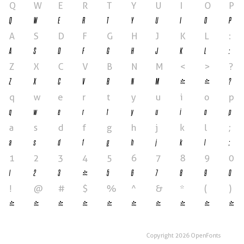 Character Map of FONTSPRING DEMO - Dharma Gothic Rnd M Italic