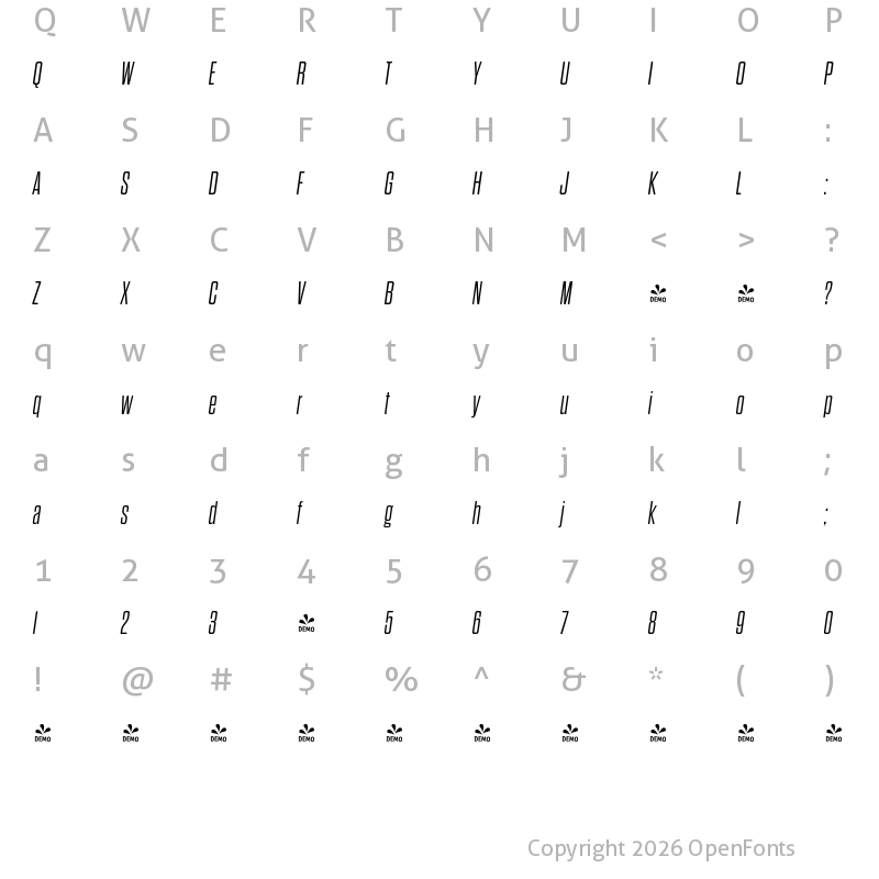 Character Map of FONTSPRING DEMO - Dharma Gothic Rnd M Light Italic