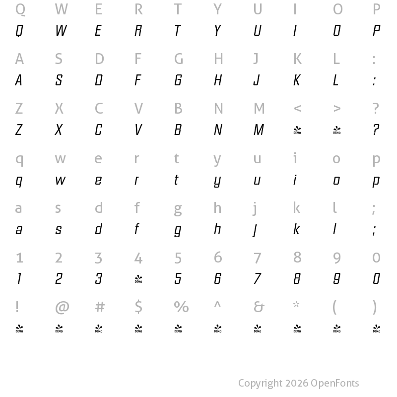 Character Map of FONTSPRING DEMO - Diamante Serial Italic