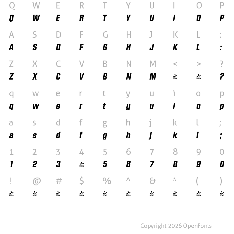 Character Map of FONTSPRING DEMO - Diamante Serial Xbold Italic