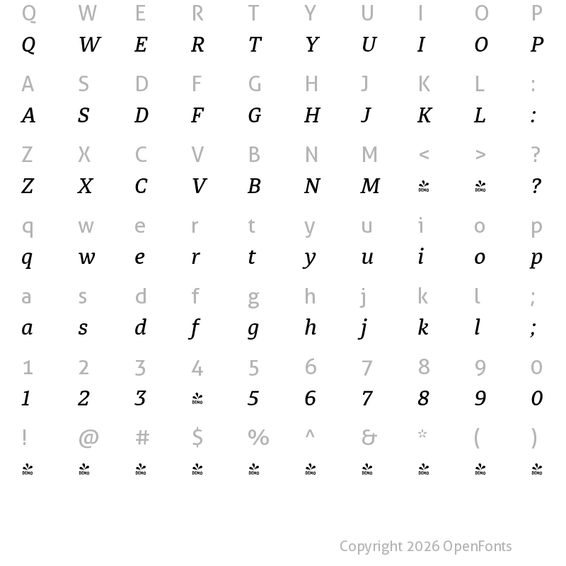 Character Map of FONTSPRING DEMO - Diaria Pro Md Italic