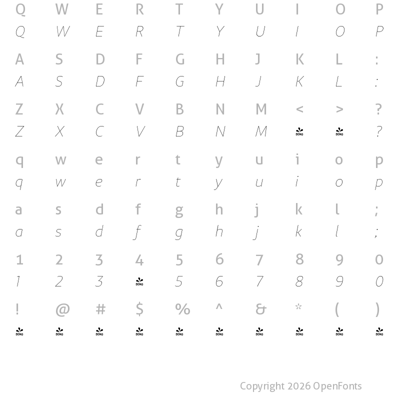 Character Map of FONTSPRING DEMO - Diaria Sans Pro Th Italic