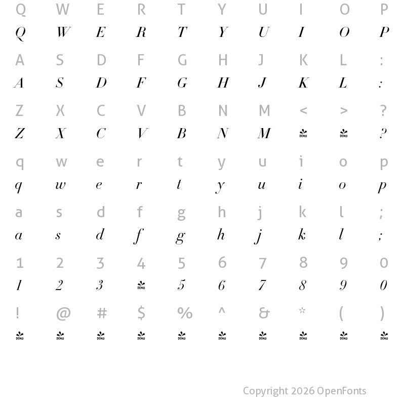 Character Map of FONTSPRING DEMO - DietDidot Italic