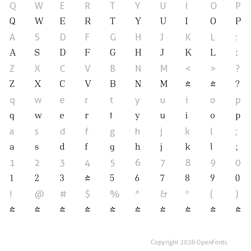 Character Map of FONTSPRING DEMO - DIN Neue Roman Light Regular