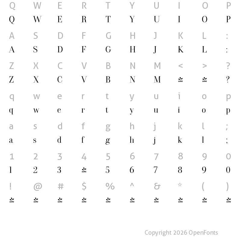 Character Map of FONTSPRING DEMO - Dionisio Light Light